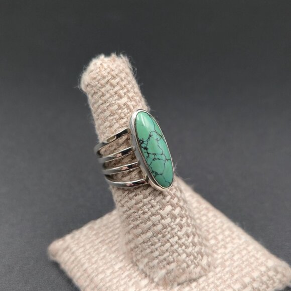 Size 6.5 Sterling Silver Green Spiderweb Turquoise Stone Ring A6601 - Picture 2 of 9